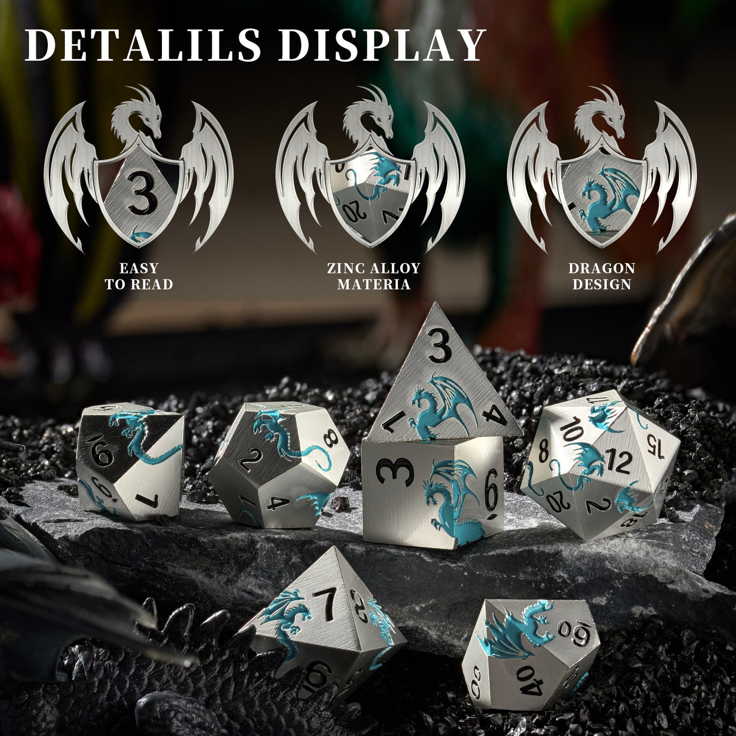 Metal Dice Set D&D 7 PCS Dragon Metallic DND Dice Set(Matte Silver Blue2）