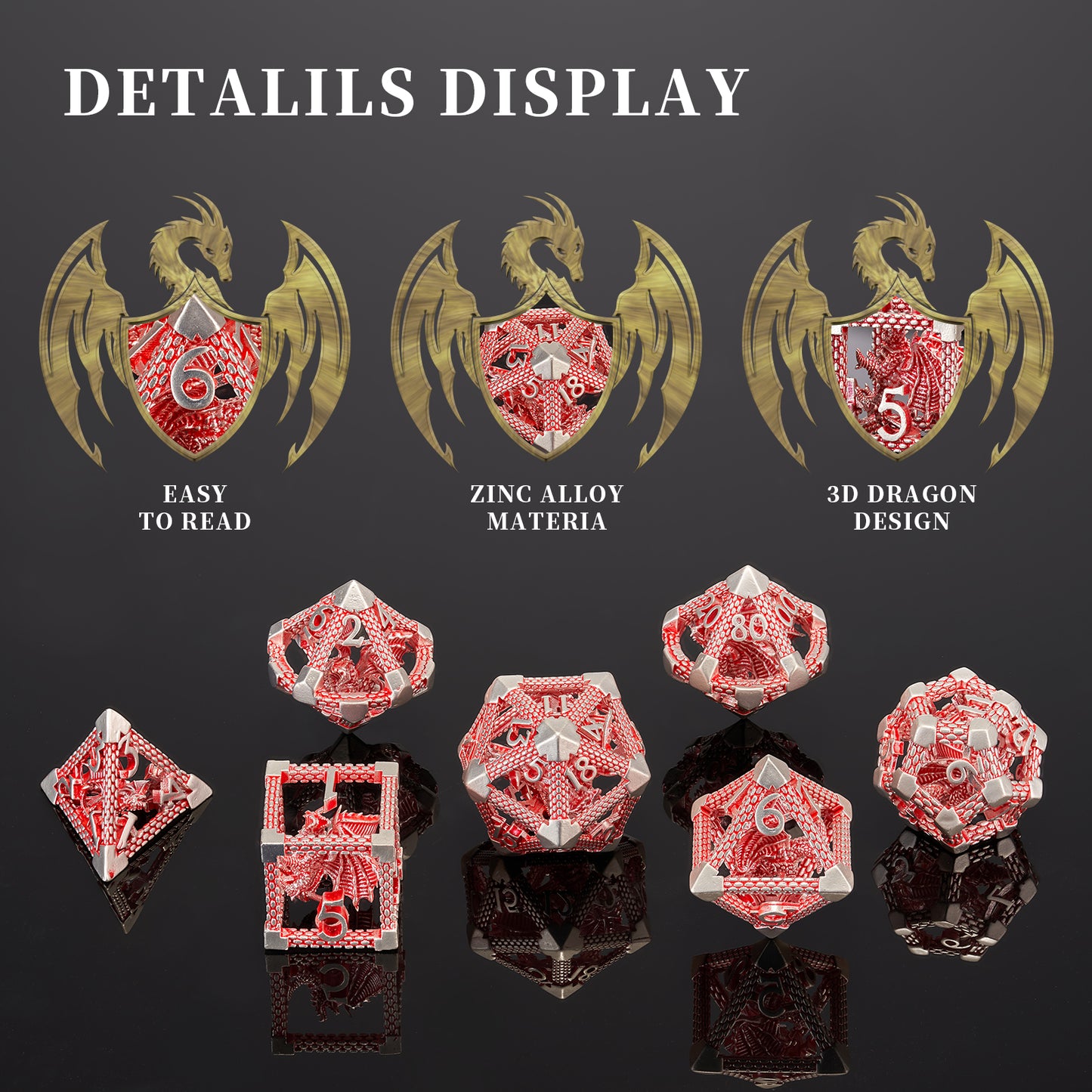 D&D Hollow Dragon Metal Polyhedral Dice Set for RPG and Tabletop Games - 3D Red White