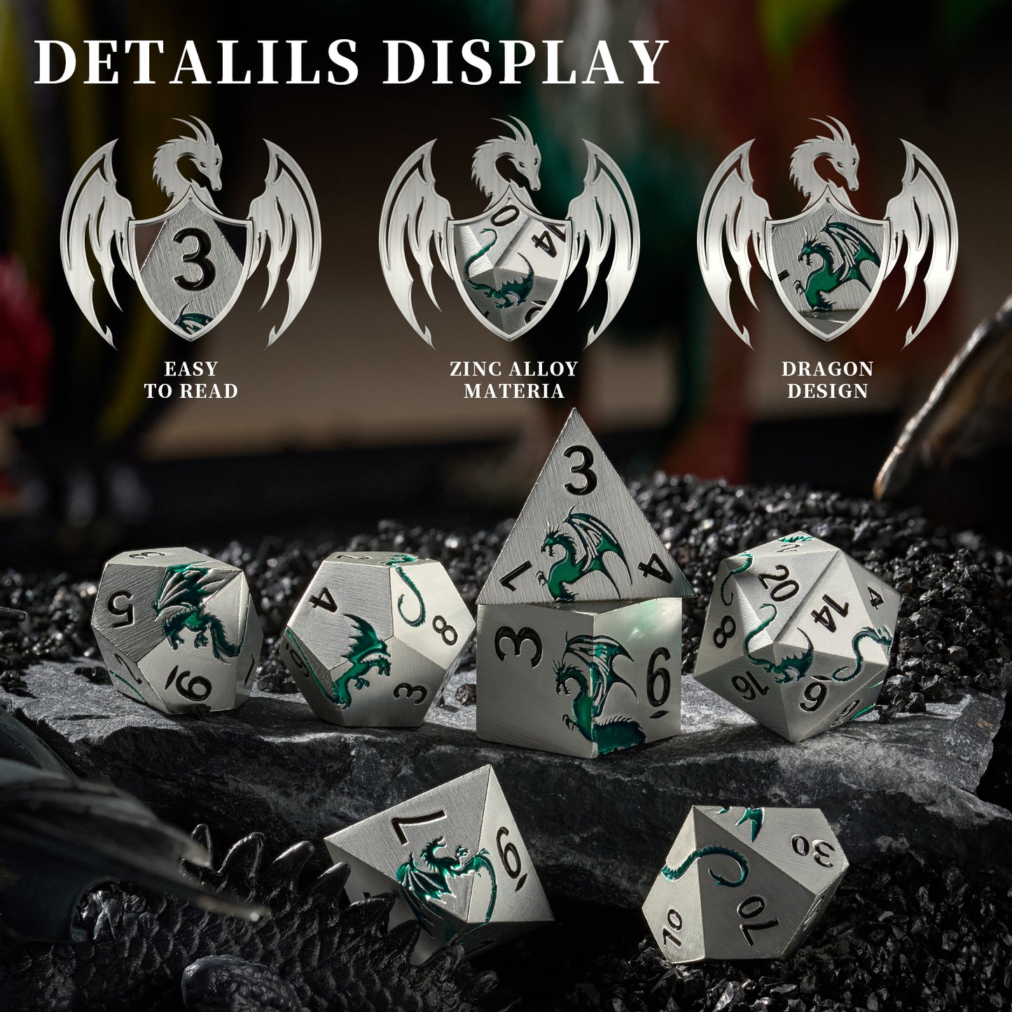 7 PCS Heavy Metallic Dragon D&D Dice Set with Gift Box for DND Tabletop Game（WhiteGreen）
