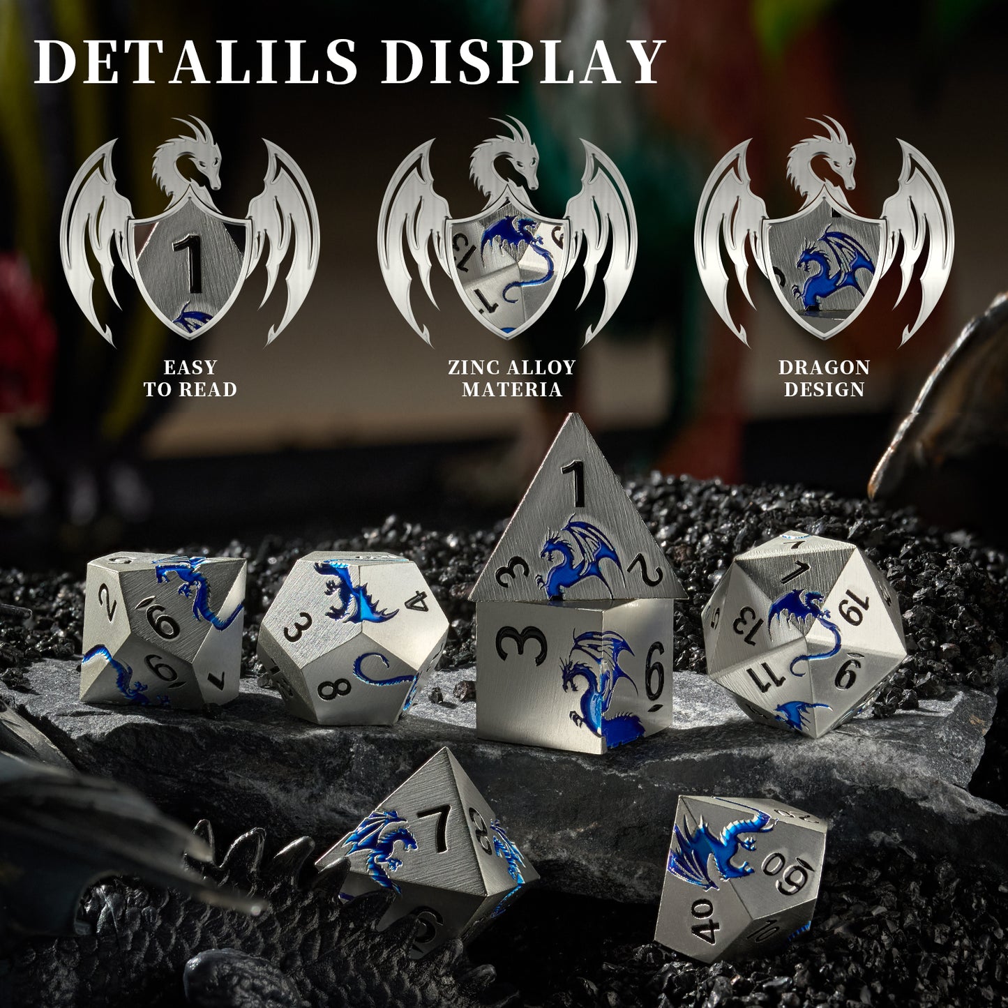 Sharp Edge Dragon Metal DND Dice Set for Role Play Game(Matte Silver Blue)