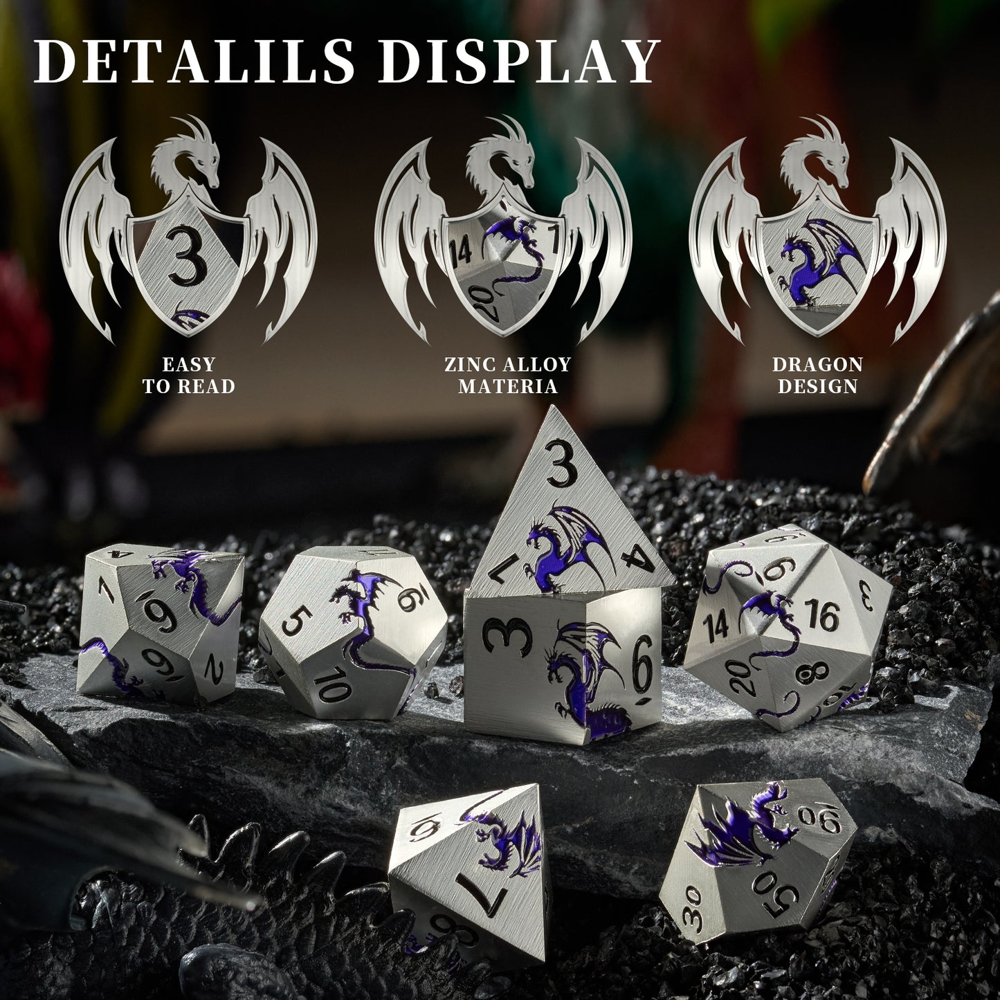 Metal Dice Set D&D 7 PCS Dragon Metallic DND Dice Set(Matte Silver Purple)