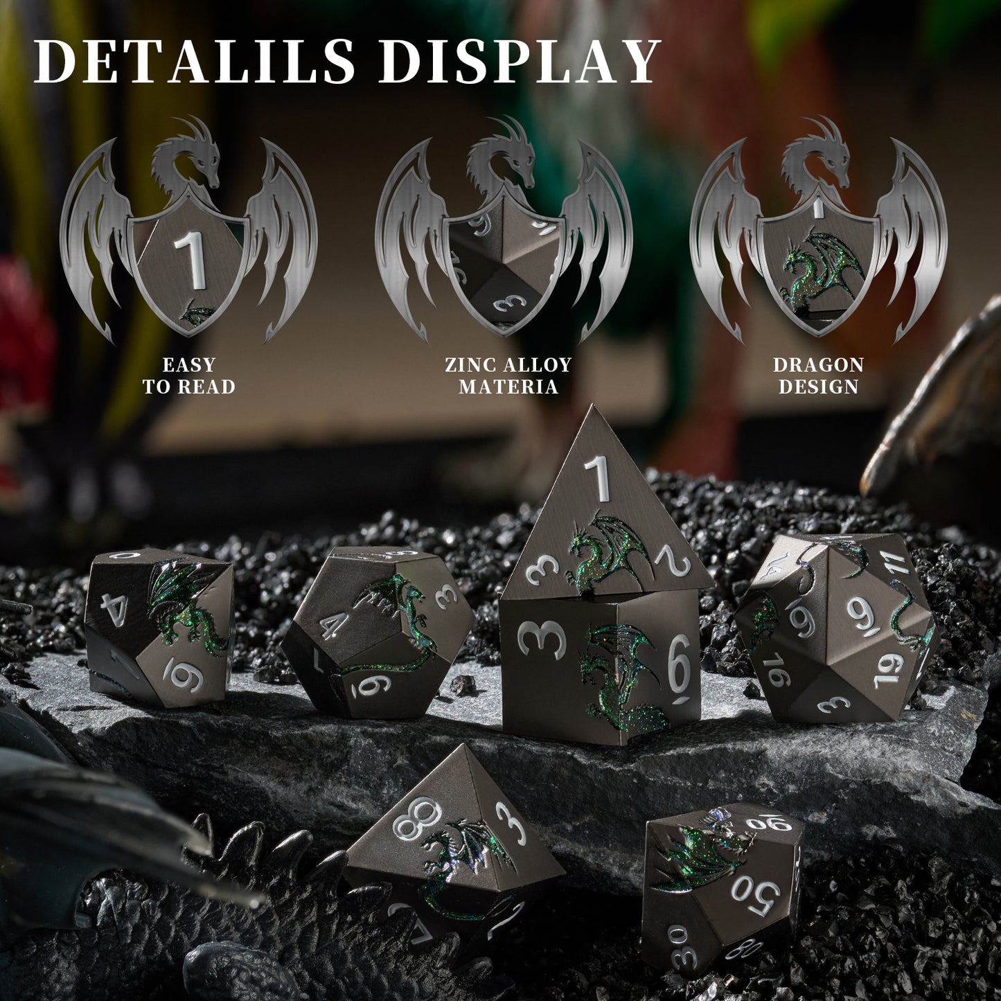 Metal Dice Set D&D 7 PCS Dragon Metallic DND Dice Set(GlitterGreen)