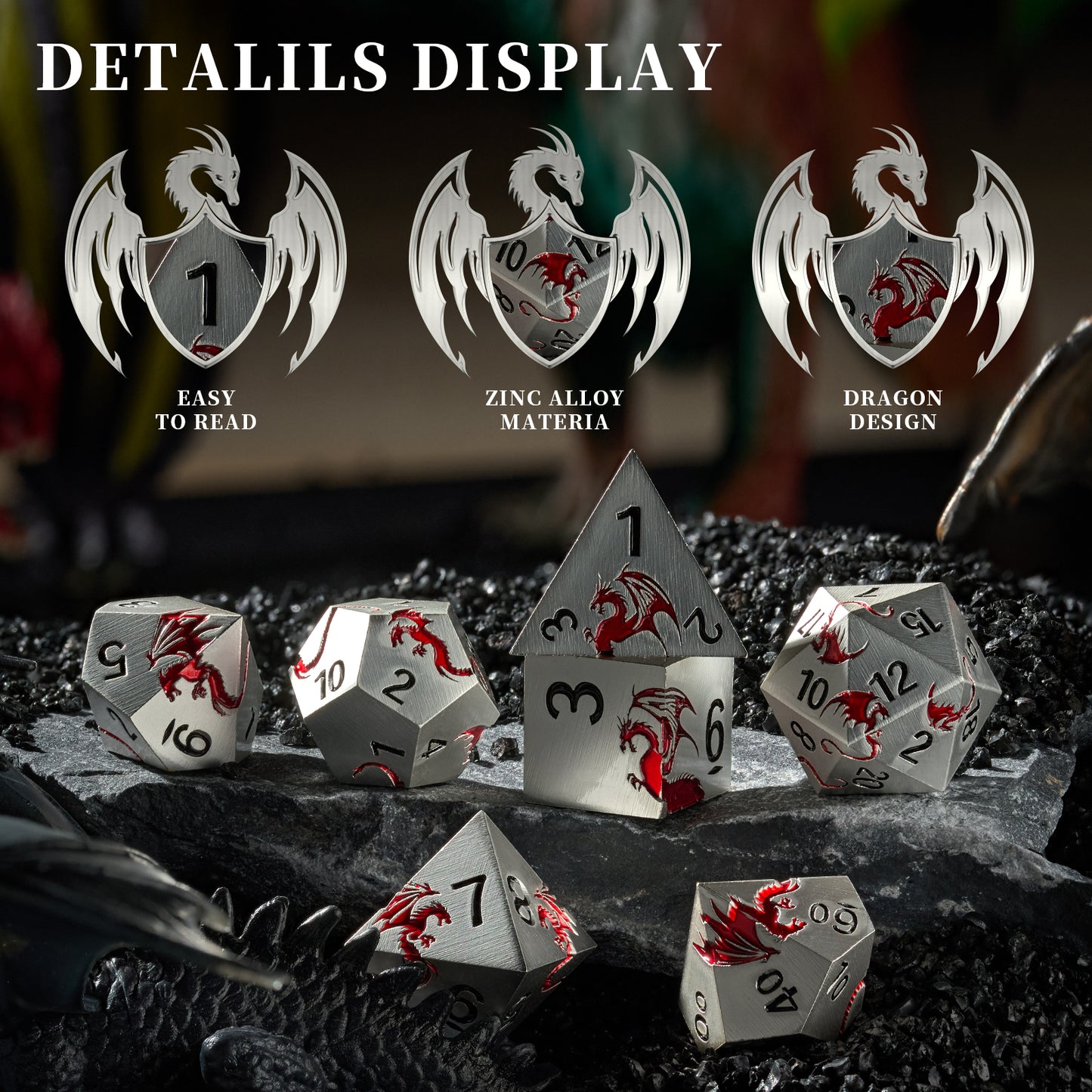 Metal Dice Dragon, 7 PCS Metallic Dungeons and Dragons Dice Set with Gift Case for DND(Matte Silver Red)