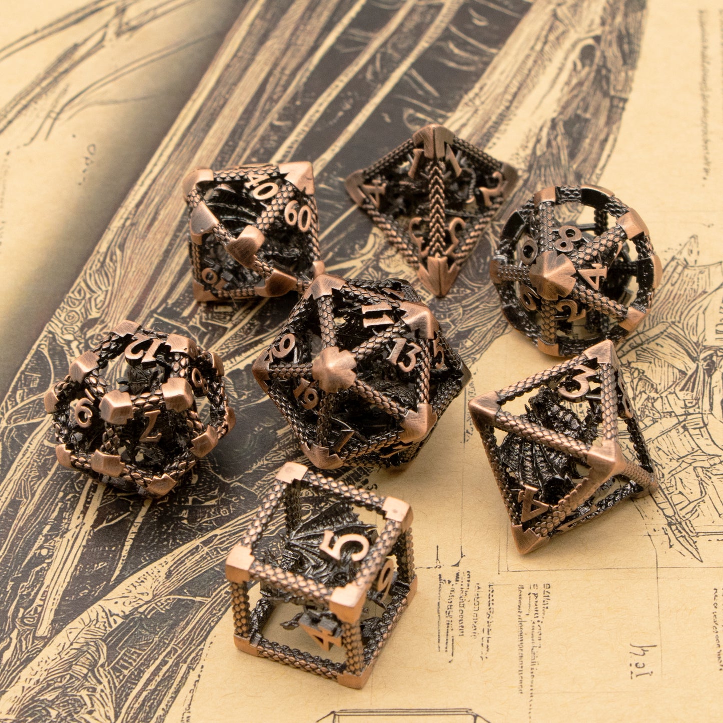 D&D Hollow Dragon Metal Polyhedral Dice Set for RPG and Tabletop Games - 3D Copper