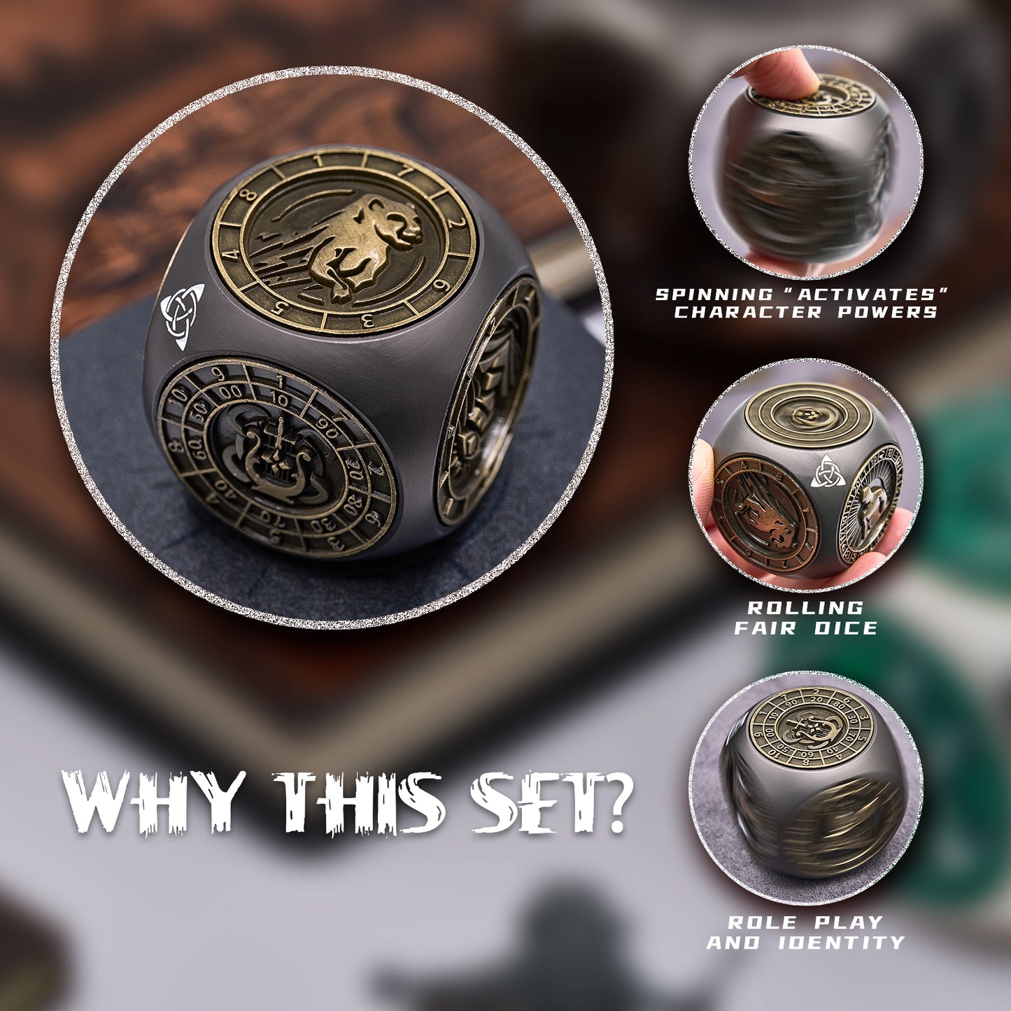 HNCCESG 7-in-1 Metal Spinner Dice,3D Relief Polyhedral Metal DND Dice Set Gift Box,Tabletop RPG Role Playing Gifts for Lovers (Black Bronze)