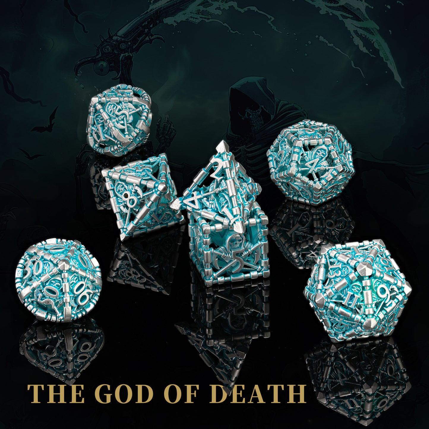 D&D Dice Set, Hollow Blue White Metal Grim Reaper Dice of 7 Piece,Role PlayGaming for Dungeons and Dragons Table Game MTG or RPG  (BlueWhite)