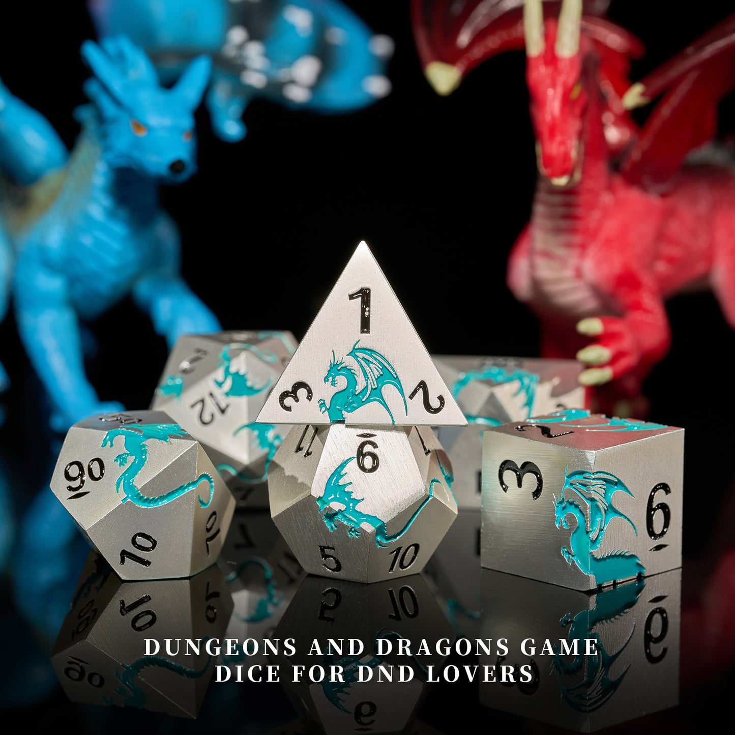 Metal Dice Set D&D 7 PCS Dragon Metallic DND Dice Set(Matte Silver Blue2）