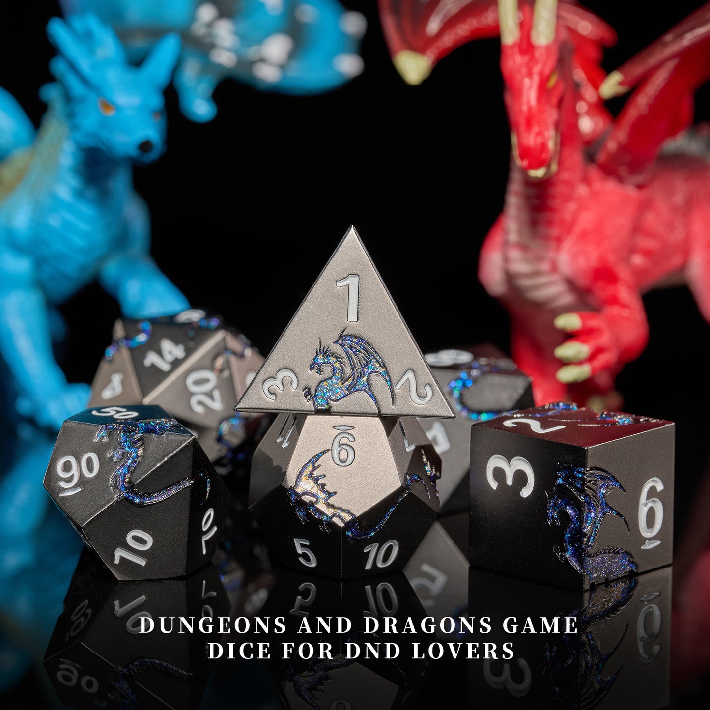 Metal DND Dice Set Dragon 7 PCS Heavy Metallic（GlitterBlue）
