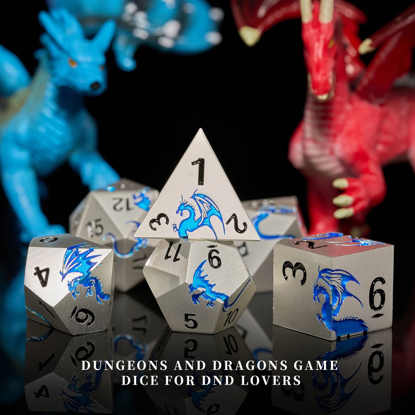 Sharp Edge Dragon Metal DND Dice Set for Role Play Game(Matte Silver Blue)