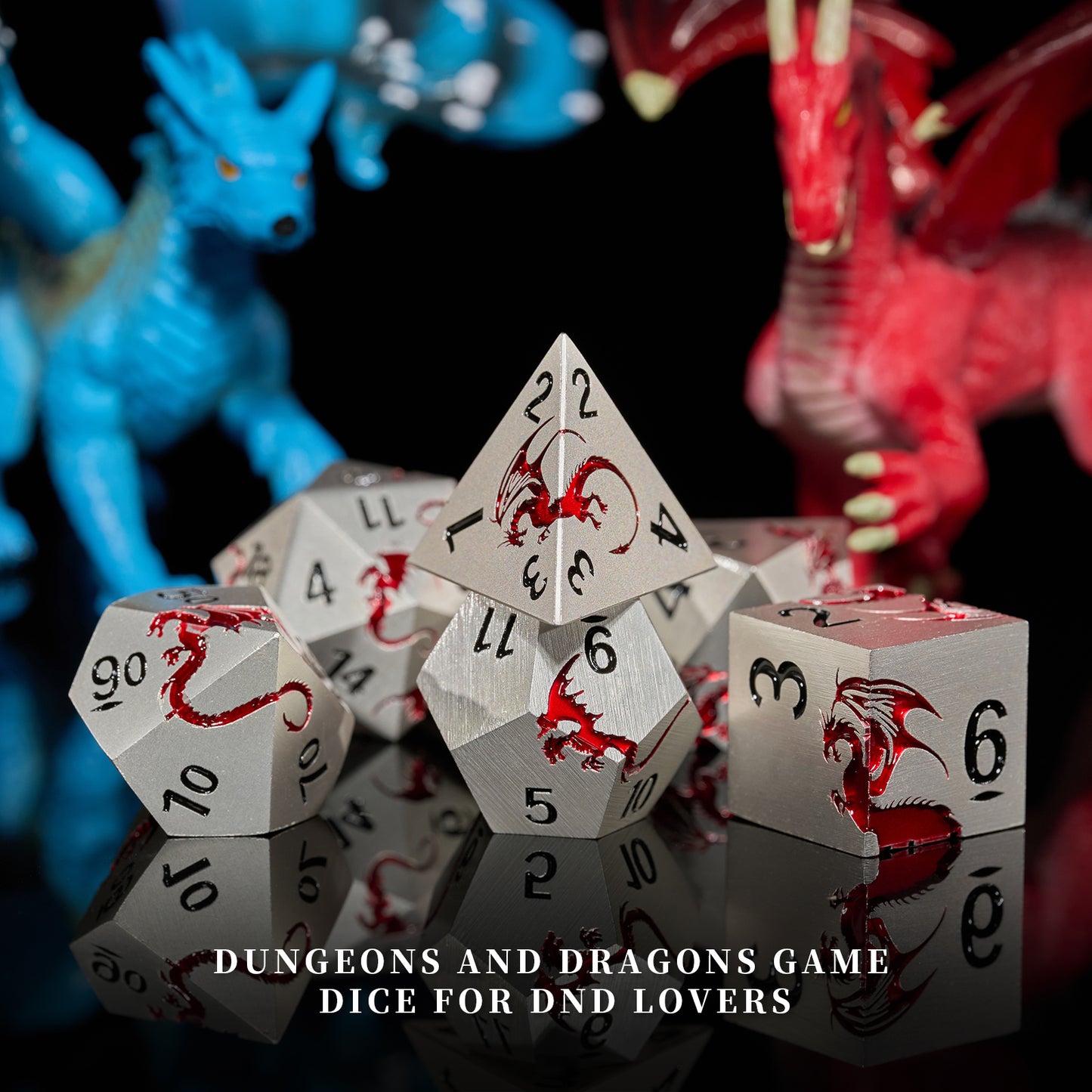 Metal Dice Dragon, 7 PCS Metallic Dungeons and Dragons Dice Set with Gift Case for DND(Matte Silver Red)