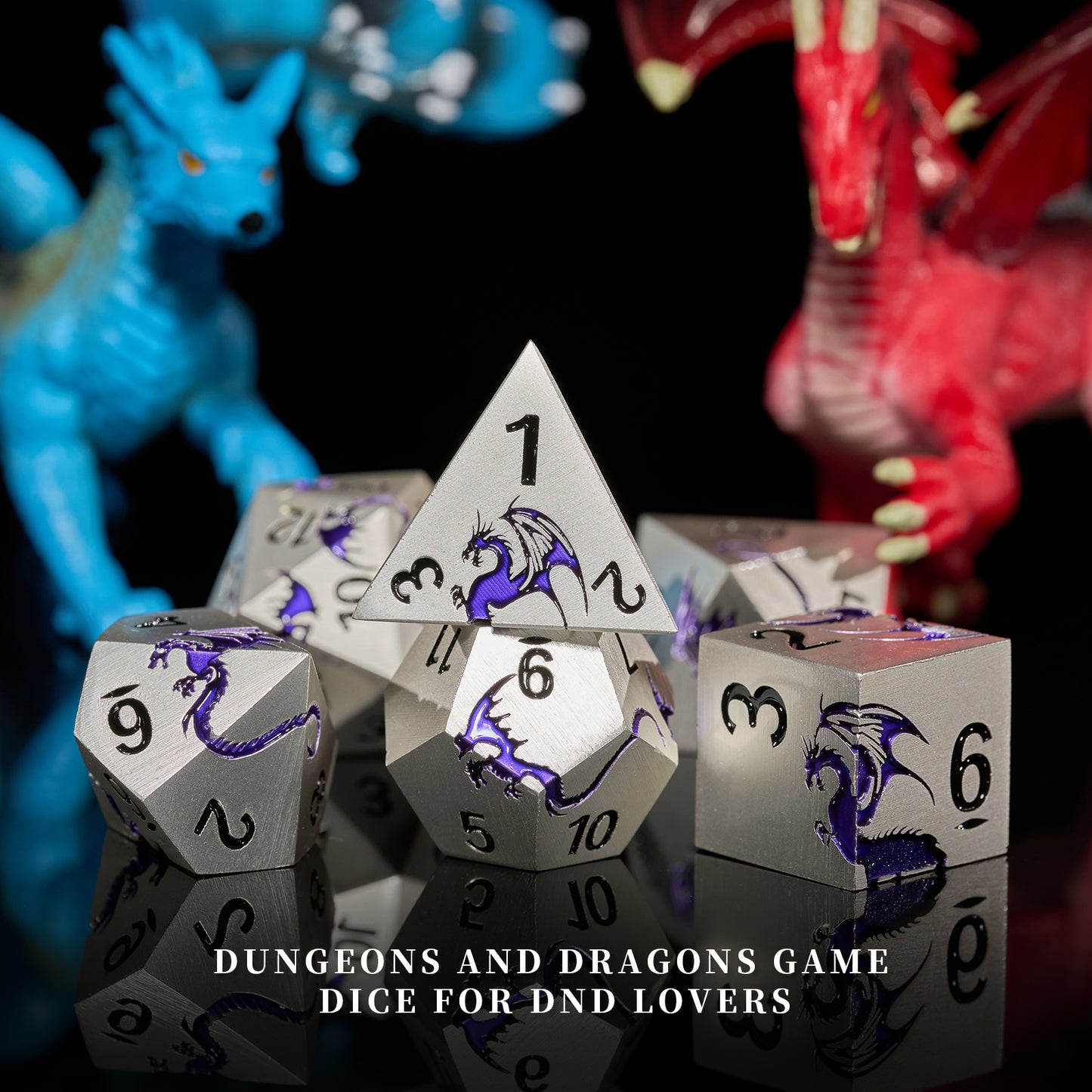 Metal Dice Set D&D 7 PCS Dragon Metallic DND Dice Set(Matte Silver Purple)