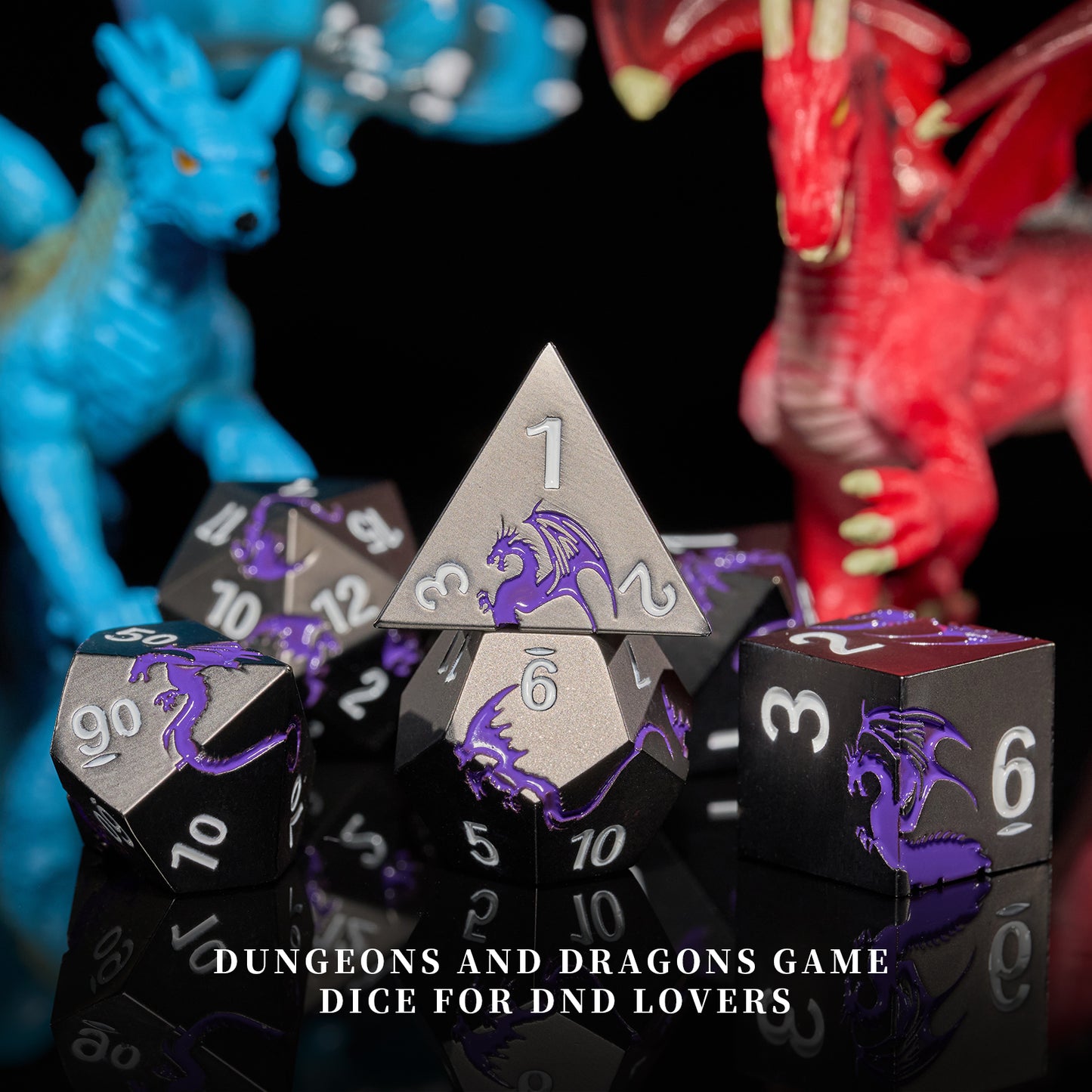 Purple DND Metal Dice, 7 PCS Heavy Metallic D&D Dice Set for Dungeons and Dragon Tabletop Game（BlackPurple）