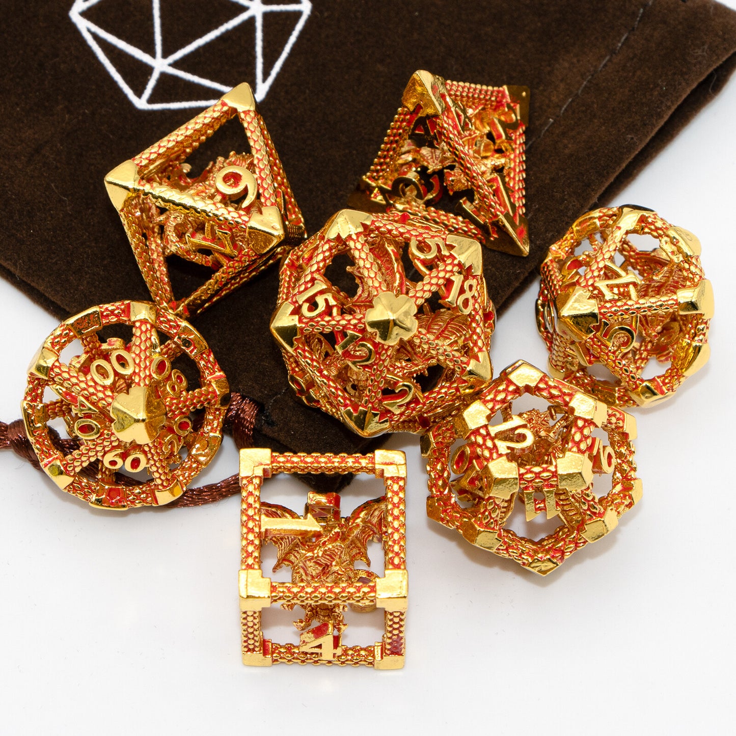 D&D Hollow Dragon Metal Polyhedral Dice Set for RPG and Tabletop Games - 3D Gold Red