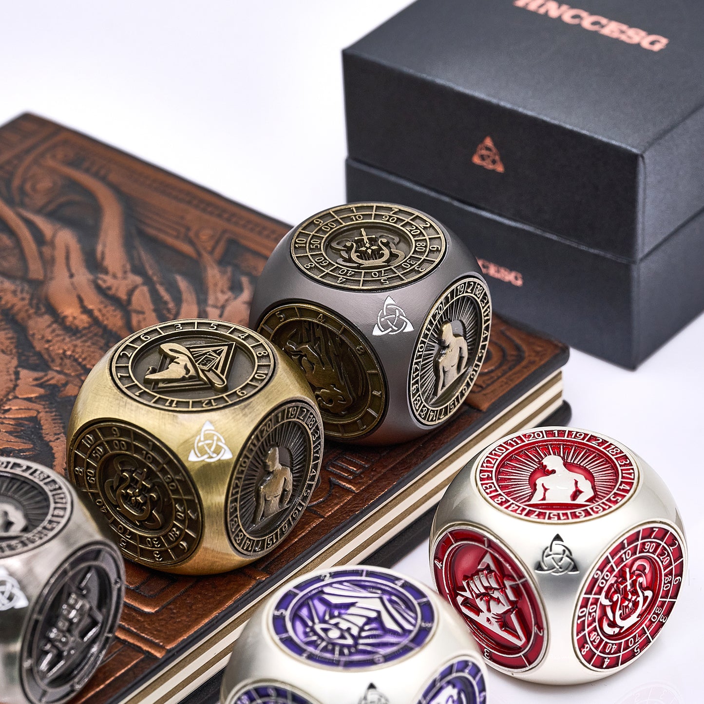 HNCCESG 7-in-1 Metal Spinner Dice,3D Relief Polyhedral Metal DND Dice Set Gift Box,Tabletop RPG Role Playing Gifts for Lovers (Black Bronze)