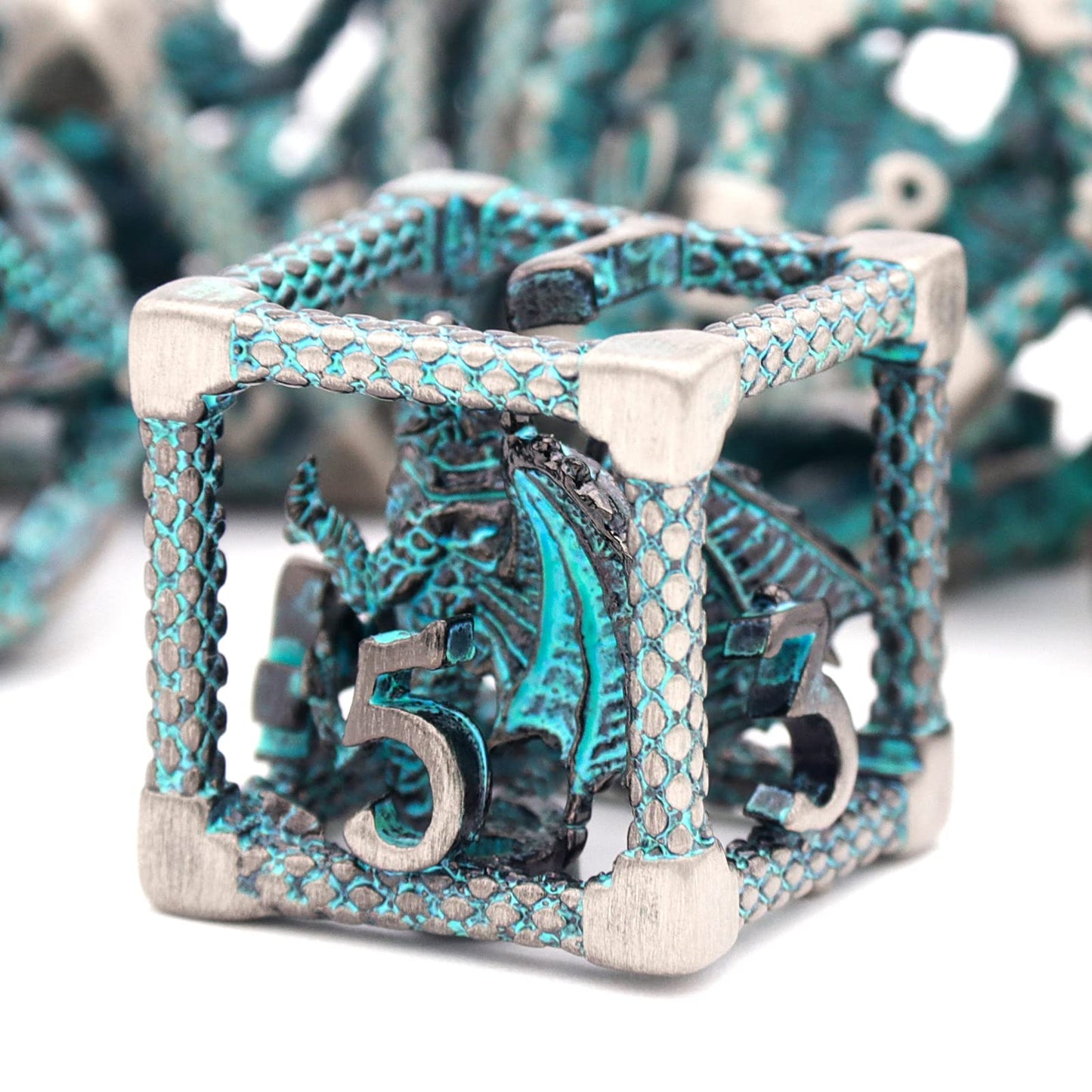 D&D Hollow Dragon Metal Polyhedral Dice Set for RPG and Tabletop Games - 3D Silver Blue