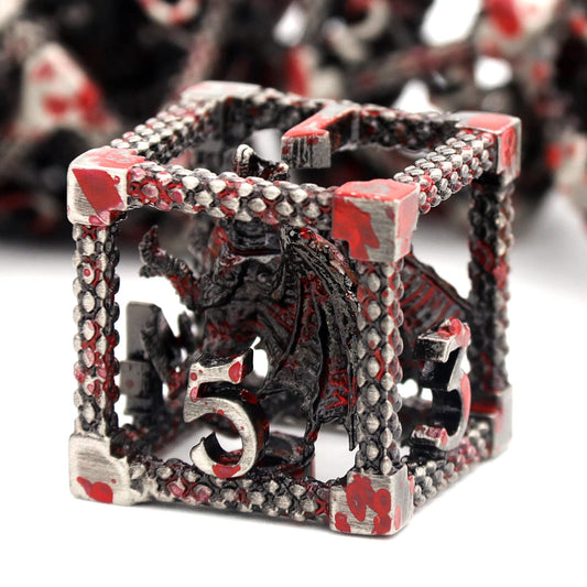 D&D Hollow Dragon Metal Polyhedral Dice Set for RPG and Tabletop Games - 3D Sliver Blood Spot