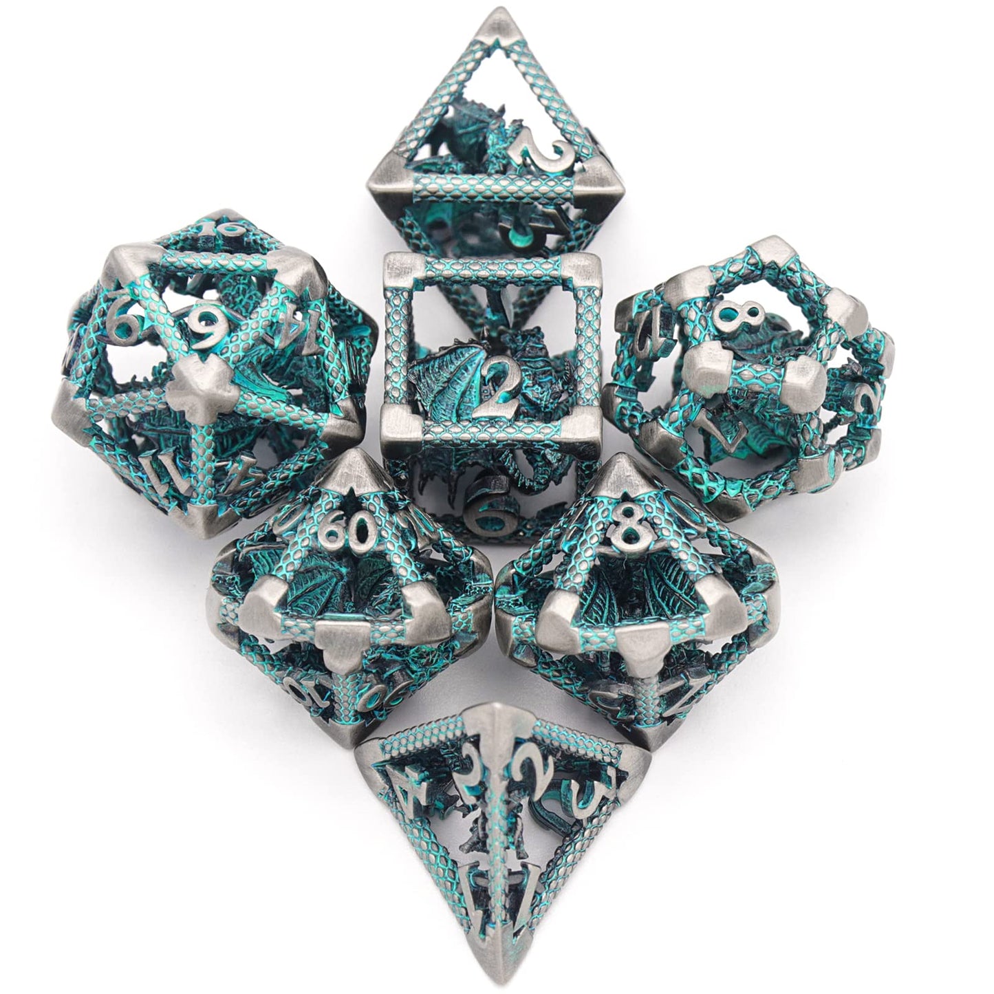 D&D Hollow Dragon Metal Polyhedral Dice Set for RPG and Tabletop Games - 3D Silver Blue