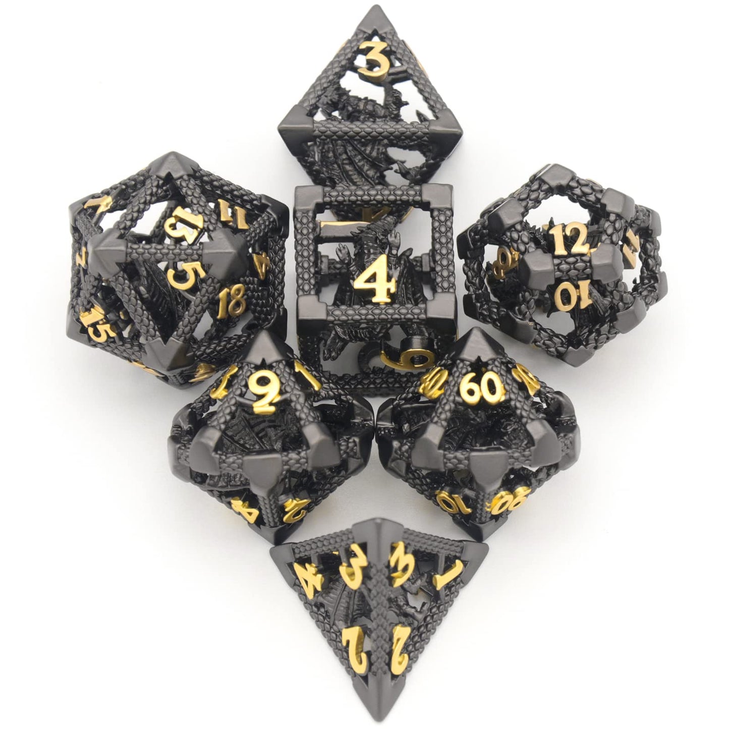D&D Hollow Dragon Metal Polyhedral Dice Set for RPG and Tabletop Games - 3D Black