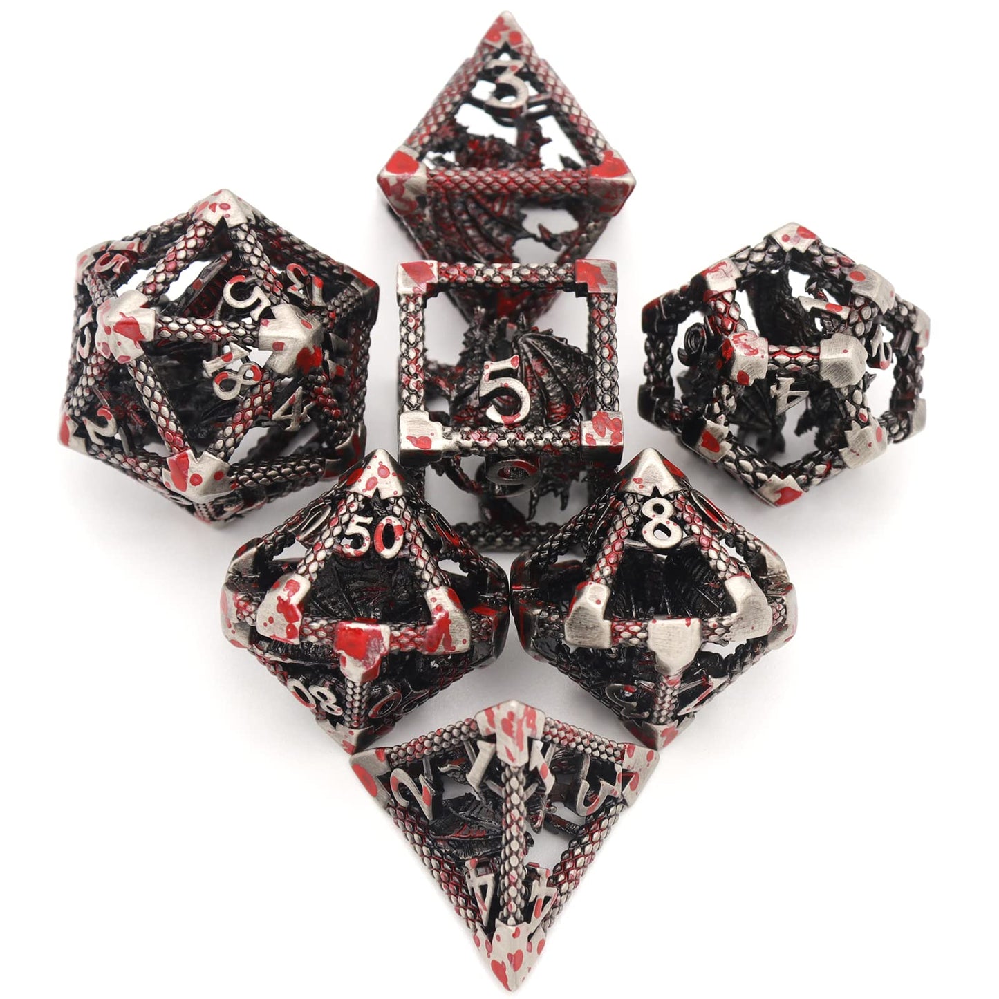 D&D Hollow Dragon Metal Polyhedral Dice Set for RPG and Tabletop Games - 3D Sliver Blood Spot
