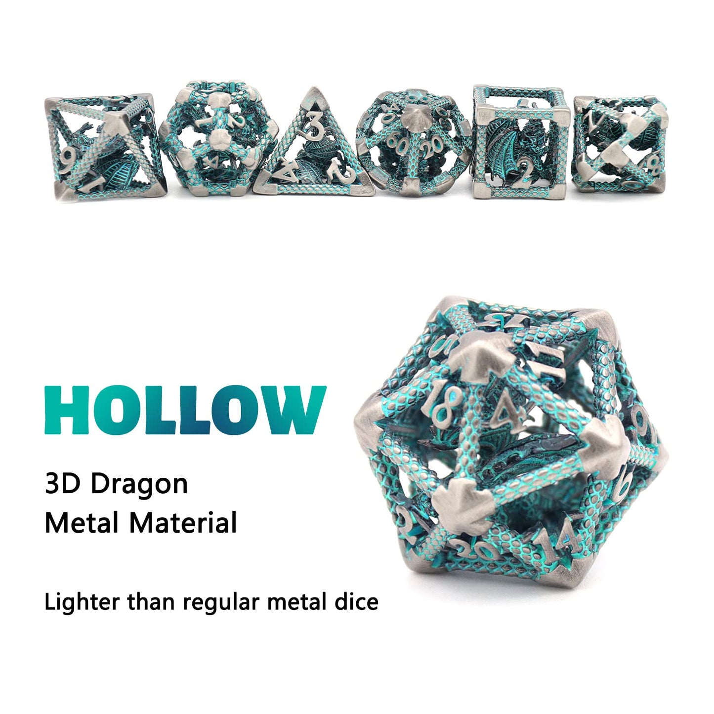 D&D Hollow Dragon Metal Polyhedral Dice Set for RPG and Tabletop Games - 3D Silver Blue