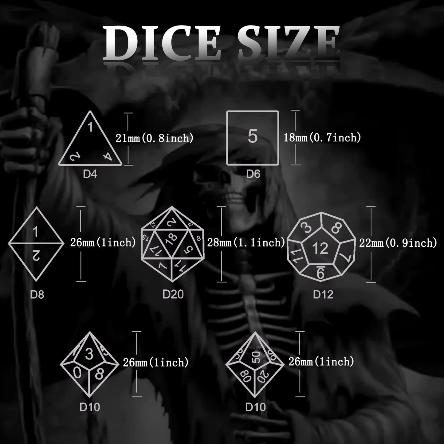 DND Dice, Metal Polyhedral Dice Set Role Playing D&D Dice HNCCESG Hollow Grim Reaper Gaming for RPG Table Game (Black)