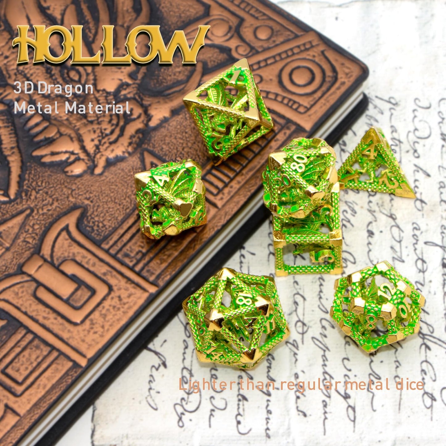 D&D Hollow Dragon Metal Polyhedral Dice Set for RPG and Tabletop Games - 3D Gilt Green
