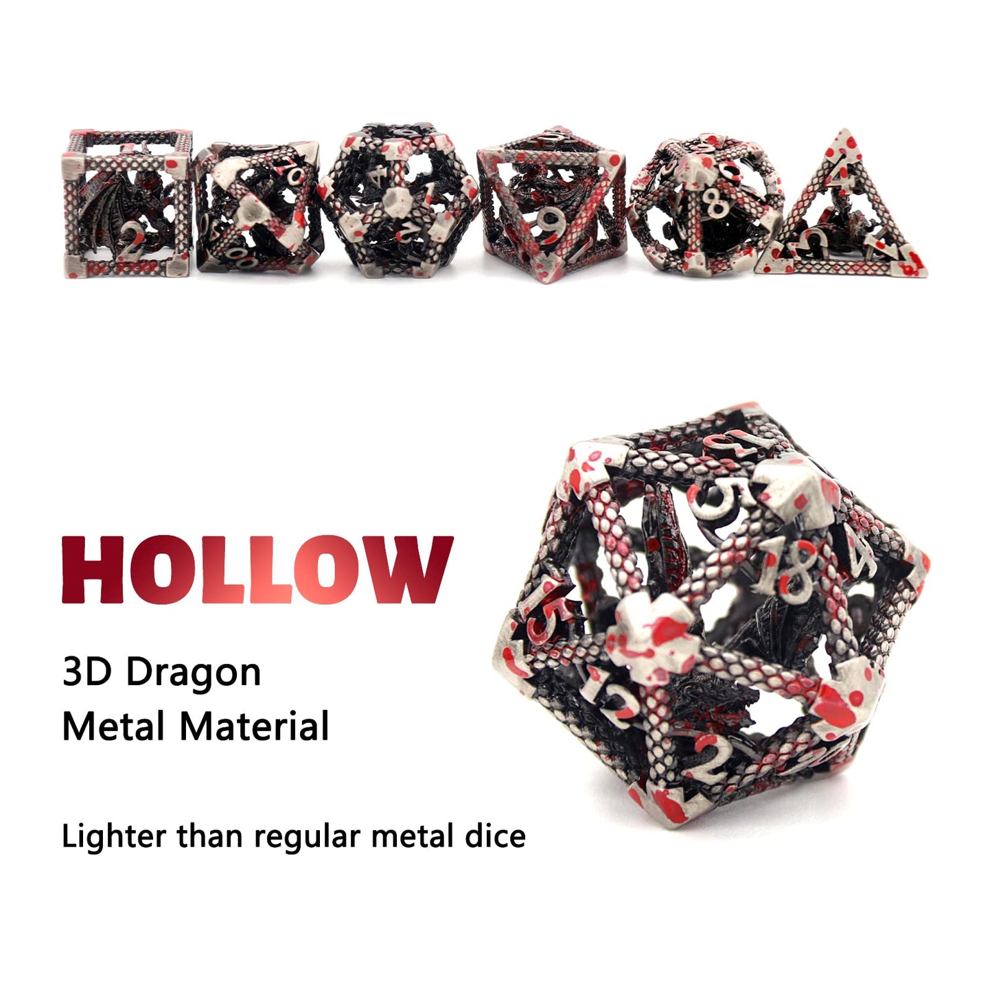 D&D Hollow Dragon Metal Polyhedral Dice Set for RPG and Tabletop Games - 3D Sliver Blood Spot