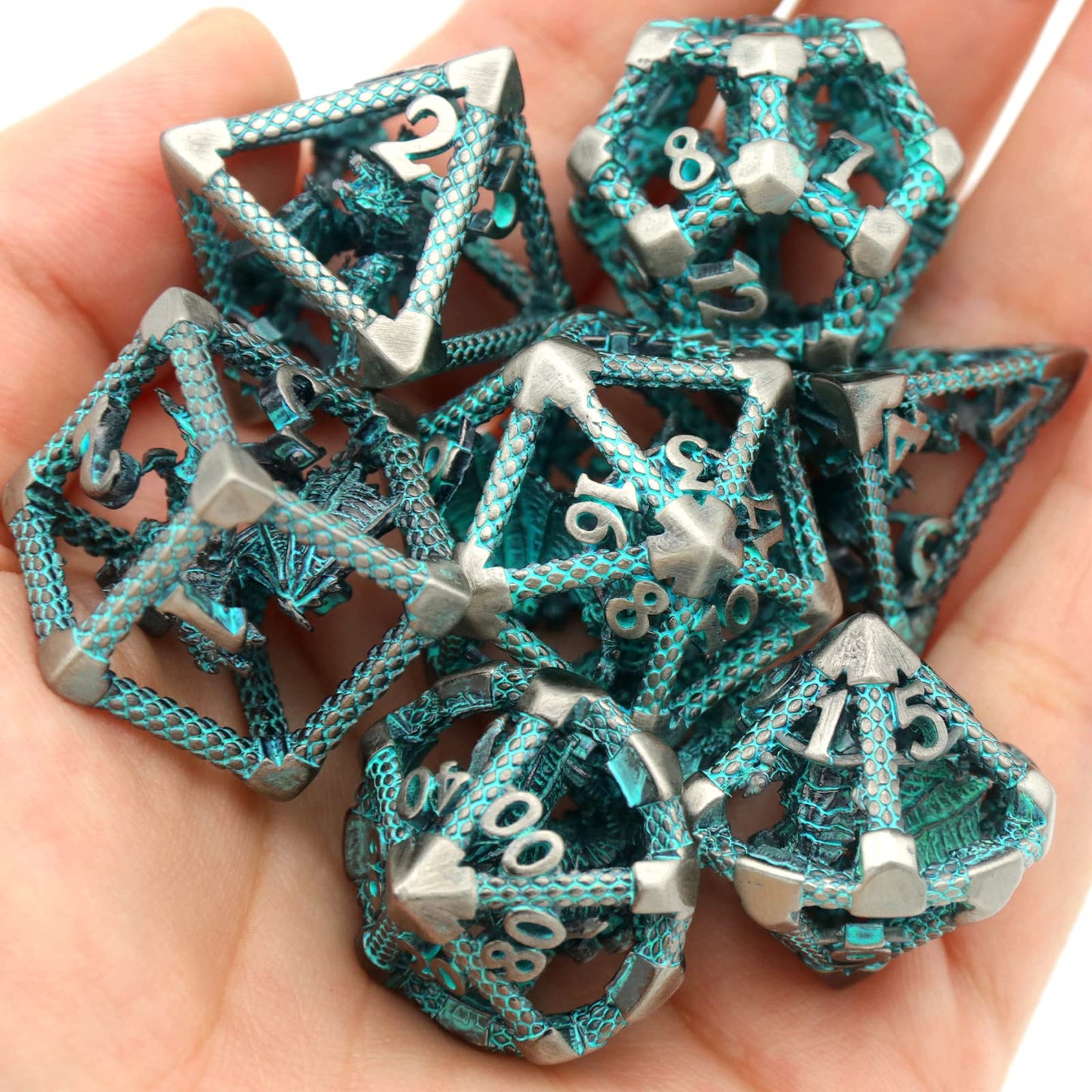 D&D Hollow Dragon Metal Polyhedral Dice Set for RPG and Tabletop Games - 3D Silver Blue
