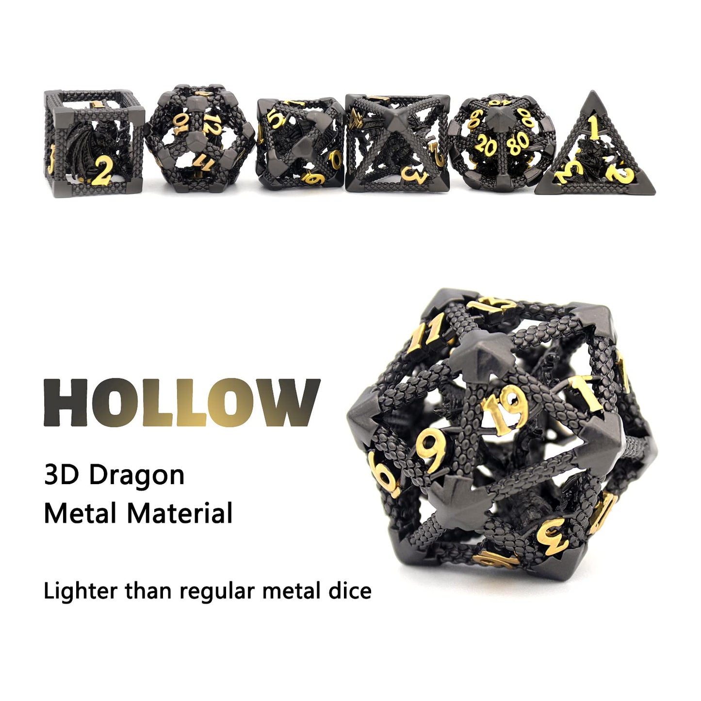 D&D Hollow Dragon Metal Polyhedral Dice Set for RPG and Tabletop Games - 3D Black