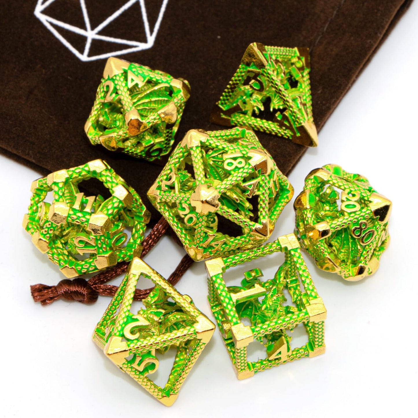 D&D Hollow Dragon Metal Polyhedral Dice Set for RPG and Tabletop Games - 3D Gilt Green