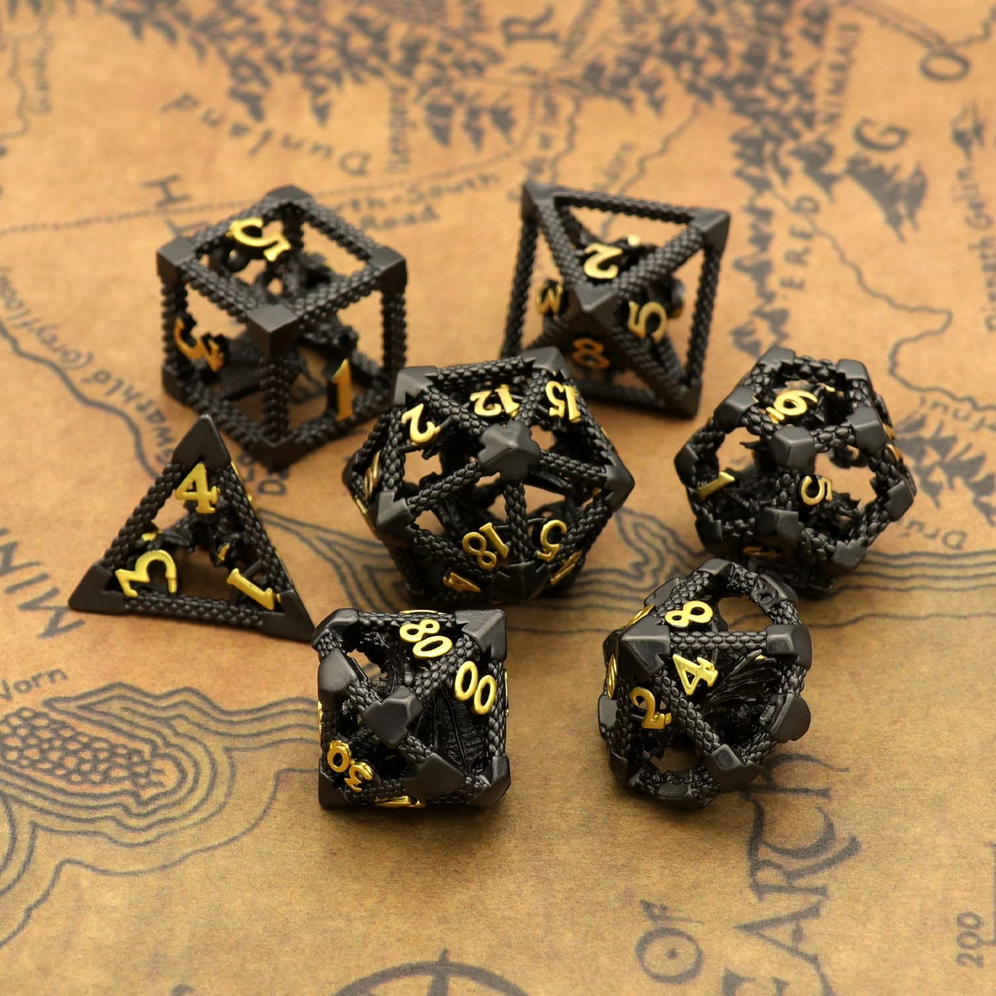 D&D Hollow Dragon Metal Polyhedral Dice Set for RPG and Tabletop Games - 3D Black