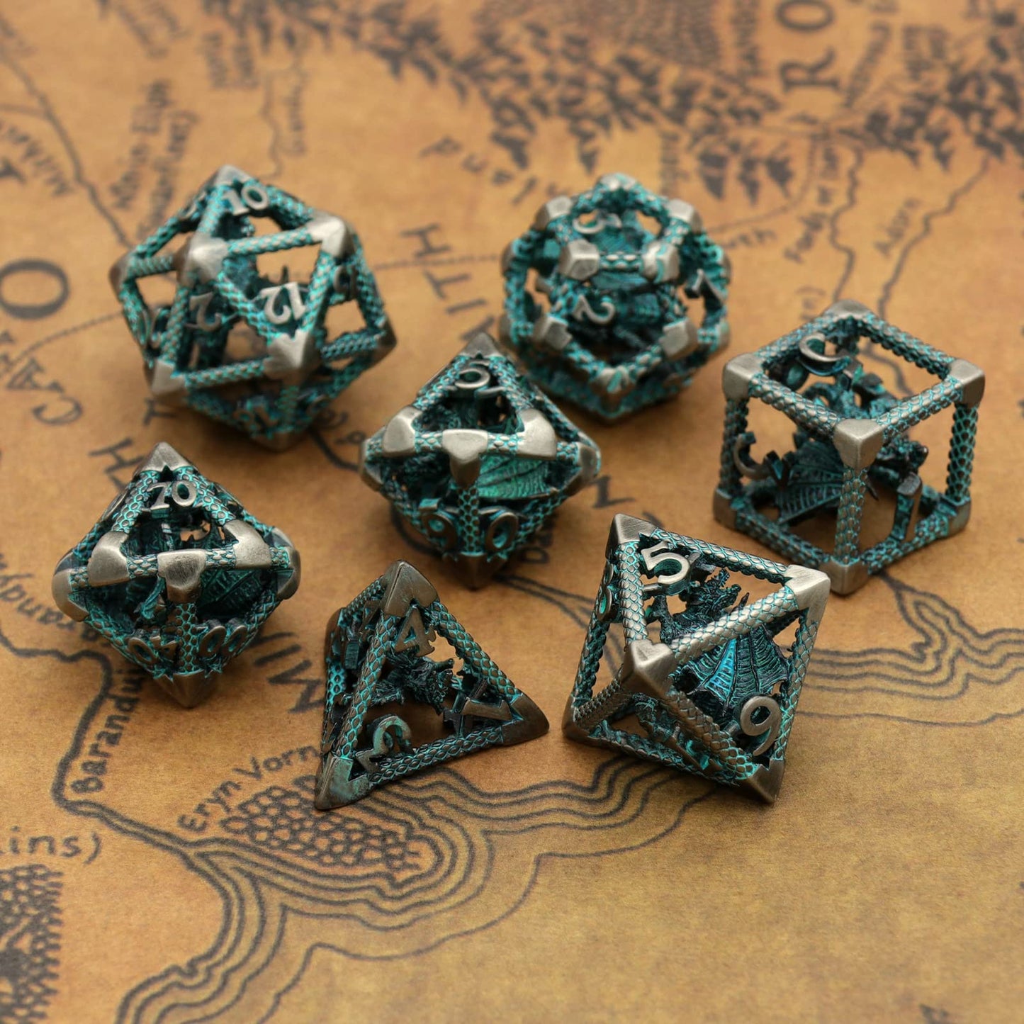 D&D Hollow Dragon Metal Polyhedral Dice Set for RPG and Tabletop Games - 3D Silver Blue