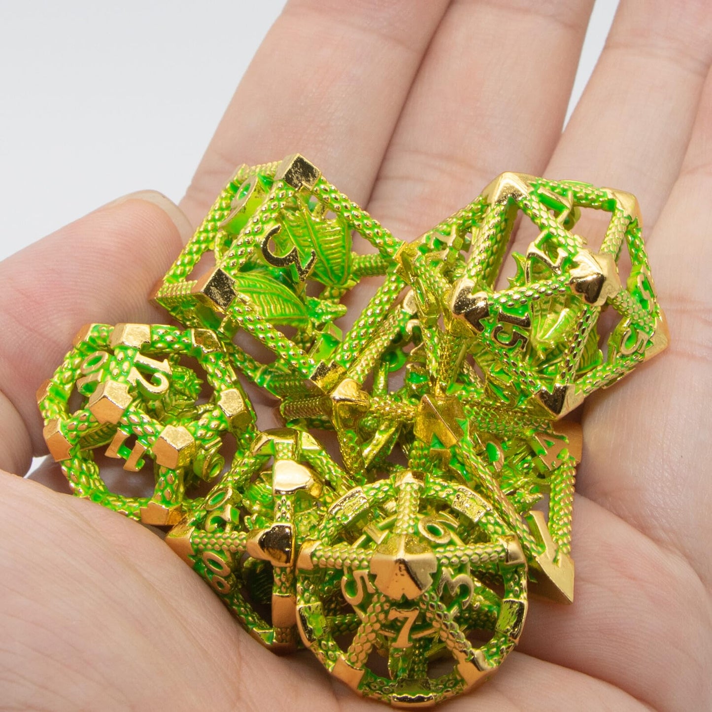 D&D Hollow Dragon Metal Polyhedral Dice Set for RPG and Tabletop Games - 3D Gilt Green