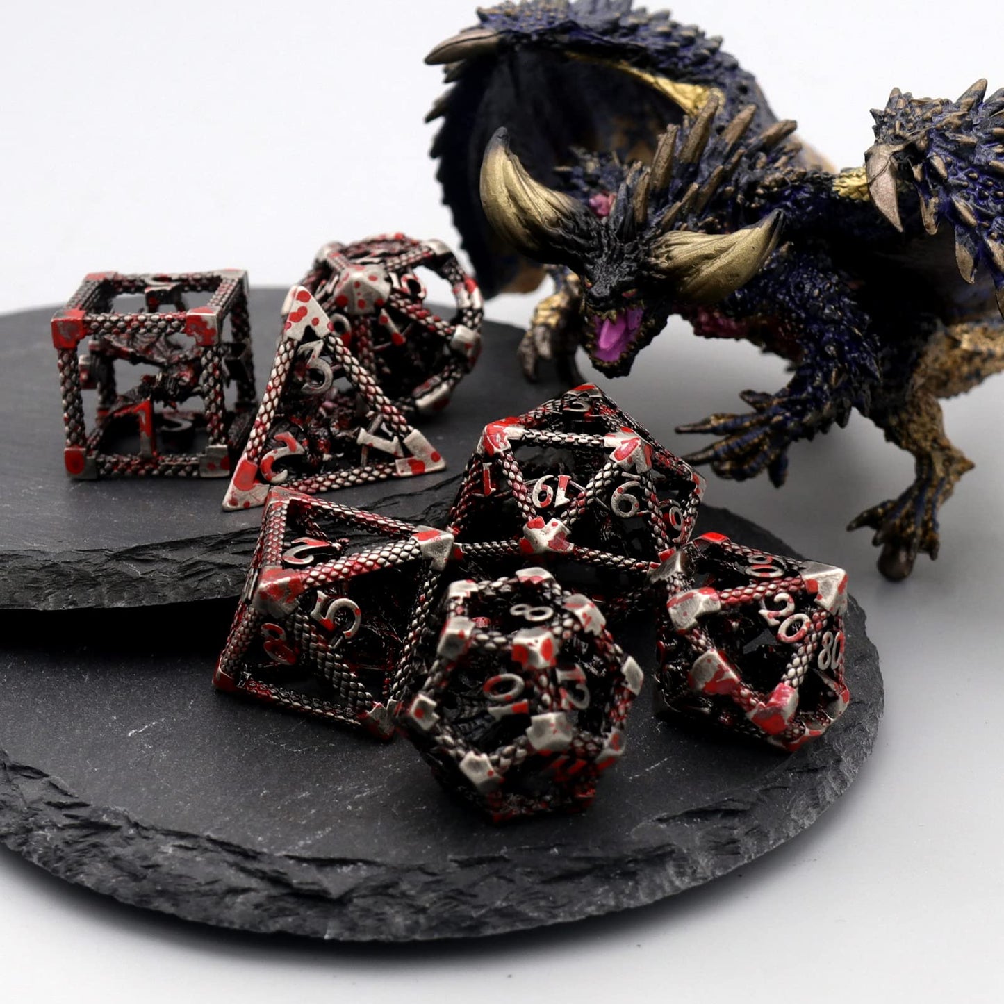 D&D Hollow Dragon Metal Polyhedral Dice Set for RPG and Tabletop Games - 3D Sliver Blood Spot