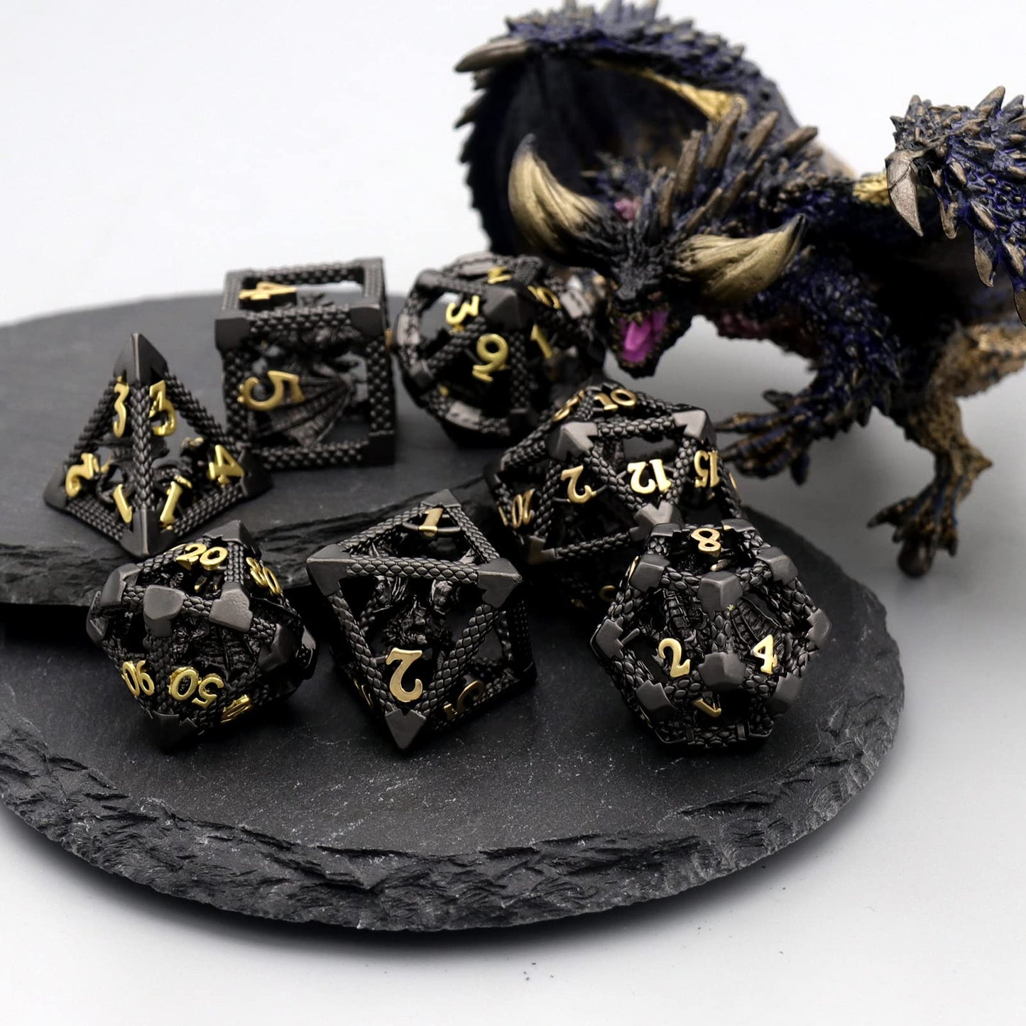 D&D Hollow Dragon Metal Polyhedral Dice Set for RPG and Tabletop Games - 3D Black